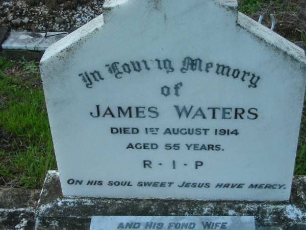 James WATERS,  | died 1 Aug 1914 aged 55 years;  | Mary Ellen WATERS, wife,  | 1874 - 1957;  | Sacred Heart Catholic Church, Christmas Creek, Beaudesert Shire  | 