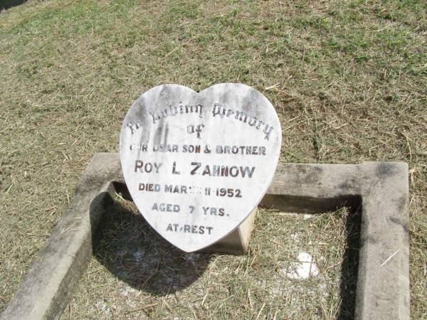 Roy L. ZAHNOW, son brother,  | died 11 March 1952 aged 7 years;  | Coleyville Cemetery, Boonah Shire  | 