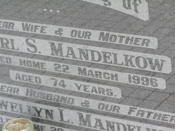 Pearl S. MANDELKOW, wife mother,  | died 22 March 1996 aged 74 years;  | Llewellyn L. MANDELKOW, husband father,  | died 20 Dec 1998 aged 82 years;  | Coleyville Cemetery, Boonah Shire  | 