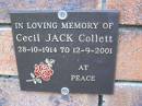 
Cecil Jack COLLETT,
28-10-1914 - 12-9-2001;
Coochiemudlo Island Pine Ridge Chapel collumbarium, Redland Shire
