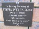 
Sylvia Ivey TAILLIER,
1914 - 2002,
Coochie pioneer 1954 - 1969;
Coochiemudlo Island Pine Ridge Chapel collumbarium, Redland Shire
