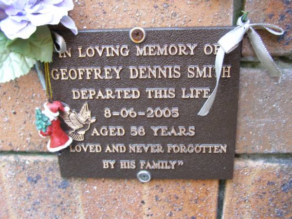 Geoffrey Dennis SMITH,  | did 8-06-2005 aged 58 years;  | Coochiemudlo Island Pine Ridge Chapel collumbarium, Redland Shire  | 