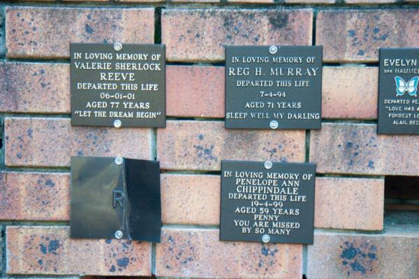 Valerie Sherlock REEVE,  | died 06-01-01 aged 77 years;  | Reg H. MURRAY,  | died 7-4-94 aged 71 years;  | Penelope (Penny) Ann CHIPPINDALE,  | died 19-4-99 aged 59 years;  | Coochiemudlo Island Pine Ridge Chapel, Redland Shire  | 