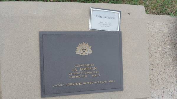 J A JAMIESON  | d: 14 May 1997 aged 75  | wife Flora  |   | Flora JAMIESON  | b: 1 Jun 1918  | d: 26 Aug 2014 aged 96  |   | Cooloola Coast Cemetery  |   | 