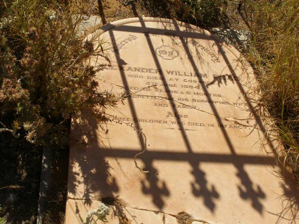 Alexander William PEAD  | d: 5 Jun 1884 aged 39 years and 6 months at Cossack  |   | also 3 children who died in infancy  |   | Alex  | d: 7 Apr 1886, aged 9 years and 7 months at Cossack  |   | William A PEAD  | b: 23 Jul 1872  | d: 11 Nov 1873  | Alexander John PEAD  | b: 25 Jan 1874  | d: 10 May 1874  |   |   | Cossack (European and Japanese cemetery), WA  |   | 