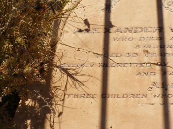 Alexander William PEAD  | d: 5 Jun 1884 aged 39 years and 6 months at Cossack  |   | also 3 children who died in infancy  |   | Alex  | d: 7 Apr 1886, aged 9 years and 7 months at Cossack  |   | William A PEAD  | b: 23 Jul 1872  | d: 11 Nov 1873  | Alexander John PEAD  | b: 25 Jan 1874  | d: 10 May 1874  |   |   | Cossack (European and Japanese cemetery), WA  |   | 