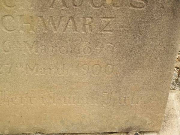 Fridrich August SCHWARZ,  | born 16 March 1847,  | died 27 March 1900;  | Coulson General Cemetery, Scenic Rim Region  | 