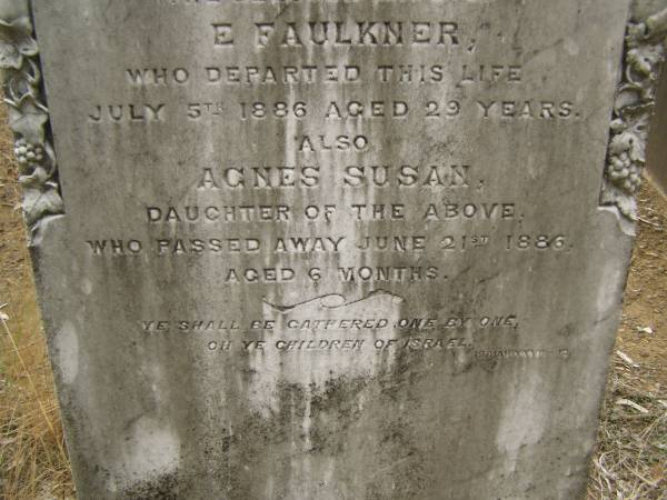 Sarah Jane,  | wife of E. FAULKNER,  | died 5 July 1886 aged 29 years;  | Agnes Susan,  | daughter,  | died 21 June 1886 aged 6 months;  | Coulson General Cemetery, Scenic Rim Region  | 