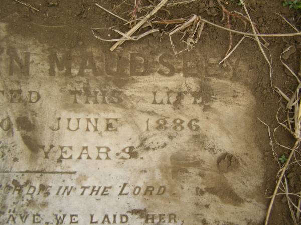 Mary Ellen MAUDSLEY,  | died 8 June 1886 aged 25 years;  | Coulson General Cemetery, Scenic Rim Region  | 