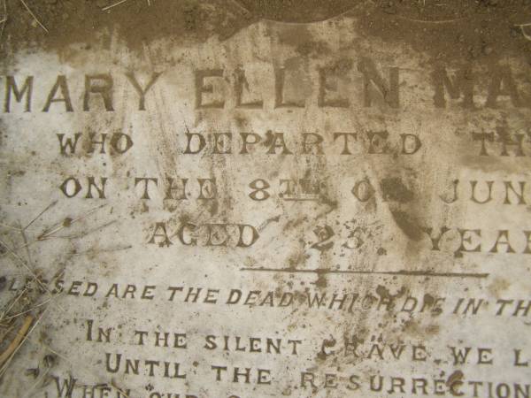 Mary Ellen MAUDSLEY,  | died 8 June 1886 aged 25 years;  | Coulson General Cemetery, Scenic Rim Region  | 
