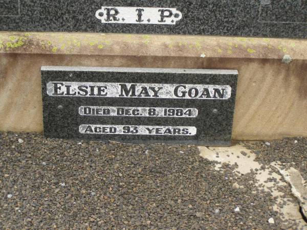 William G. GOAN,  | died 18 Dec 1960 aged 59 years;  | John Patrick GOAN,  | died 5 July 1971 aged 73 years;  | Irene Elizabeth GOAN,  | died 22 July 1972 aged 82 years;  | Thomas James (Tom) GOAN,  | died 22 Jan 1973 aged 79 years;  | Elsie May GOAN,  | died 8 Dec 1984 aged 93 years;  | Coulson General Cemetery, Scenic Rim Region  | 