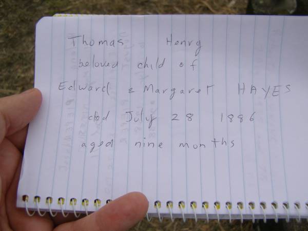 Thomas Henry,  | child of Edward & Margaret HAYES,  | died 28 July 1886 aged 9 months;  | Coulson General Cemetery, Scenic Rim Region  | 