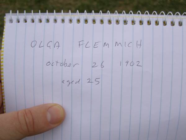 Olga FLEMMICH,  | died 26 Oct 1902 aged 25 years;  | Coulson General Cemetery, Scenic Rim Region  | 