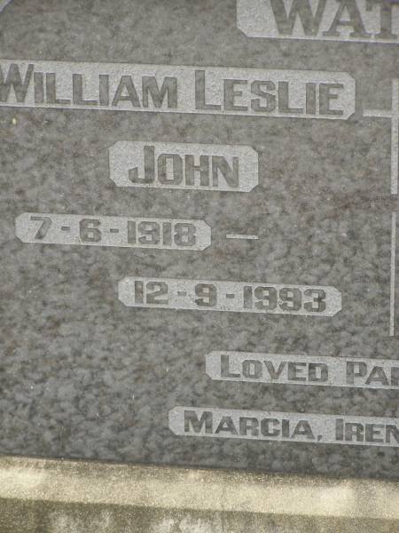 William Leslie John WATERS,  | 7-6-1918 - 12-9-1993;  | Lucy Isabelle WATERS (nee LANE),  | 20-3-1914 - 12-1-1999;  | parents of Marcia, Irene & Peter;  | Coulson General Cemetery, Scenic Rim Region  | 