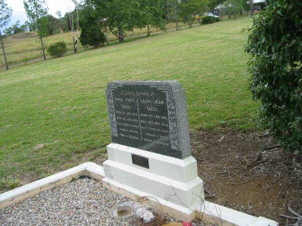 Errol Percy TAEGE,  | born 4 Aug 1940,  | died 5 Aug 1941,  | missed by father & brother Percy & Desmond;  | Lilian Jean TAEGE,  | born 5 Jan 1921,  | died 30 Sept 1940,  | missed by husband & son Percy & Desmond;  | Percy TAEGE,  | husband father,  | 13-2-1914 - 8-2-1993;  | Coulson General Cemetery, Scenic Rim Region  | 