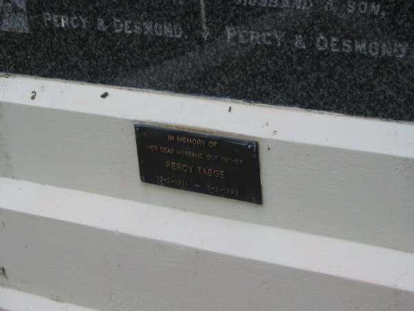Errol Percy TAEGE,  | born 4 Aug 1940,  | died 5 Aug 1941,  | missed by father & brother Percy & Desmond;  | Lilian Jean TAEGE,  | born 5 Jan 1921,  | died 30 Sept 1940,  | missed by husband & son Percy & Desmond;  | Percy TAEGE,  | husband father,  | 13-2-1914 - 8-2-1993;  | Coulson General Cemetery, Scenic Rim Region  | 
