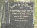 William Patrick HAYES,
died 14 Oct 1945 aged 56 years;
Coulson General Cemetery, Scenic Rim Region