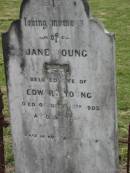 Jane YOUNG,
wife of Edward YOUNG,
died 13 Oct 1903 aged 58 years;
Coulson General Cemetery, Scenic Rim Region
