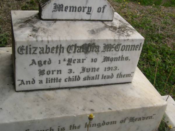Elizabeth Claudia McCONNEL  | b: 3 Jun 1913  | d aged 1 year 10 months  |   | QLD BDM Elizabeth Claudia McCONNEL, d: 13/4/1915, mother: Phyllis Claudia Murray Prior, father: Edgar Cannon McConnel  |   | Cressbrook Homestead, Somerset Region  |   | 