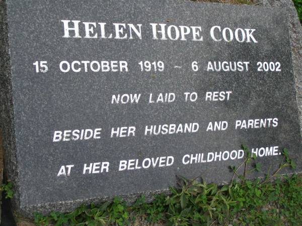Edgar Cannon McCONNEL  | b: 20 Apr 1881  | d: Cressbrook 25 Sep 1947  | third son of J.H. and M.E. McCONNEL  |   | his wife  | Phyllis Claudia McCONNEL  | b: 23 Jul 1886  | d: 17 Apr 1957  | youngest daughter of T. DeM and F.C. MURRAY PRIOR  |   |   | Stuart Whitney COOK  | b: 1 Apr 1909  | d: 25 Jun 1988  |   | Helen Hope COOK  | b: 15 Oct 1919  | d: 6 Aug 2002  | buried beside her husband and parents  |   | Cressbrook Homestead, Somerset Region  |   |   | 