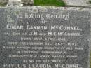 Edgar Cannon McCONNEL
b: 20 Apr 1881
d: Cressbrook 25 Sep 1947
third son of J.H. and M.E. McCONNEL
his wife
Phyllis Claudia McCONNEL
b: 23 Jul 1886
d: 17 Apr 1957
youngest daughter of T. DeM and F.C. MURRAY PRIOR
Stuart Whitney COOK
b: 1 Apr 1909
d: 25 Jun 1988
Helen Hope COOK
b: 15 Oct 1919
d: 6 Aug 2002
buried beside her husband and parents
Cressbrook Homestead, Somerset Region