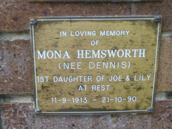 Mona HEMSWORTH (nee DENNIS),  | 1st daughter of Joe & Lily,  | 11-9-1913 - 21-10-90;  | Dennis Family Cemetery, Daisy Hill, Logan City  | 