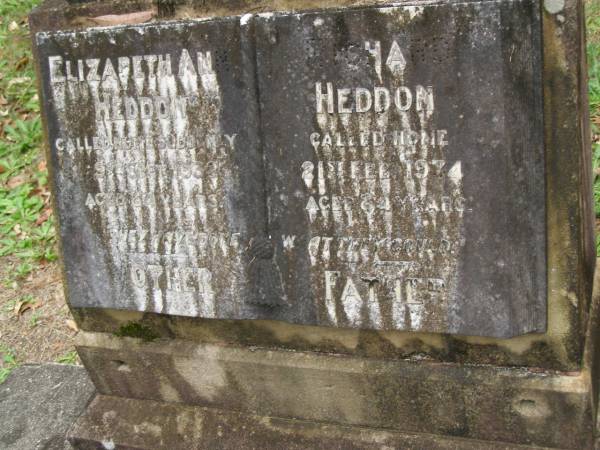 Elizabeth Ann HEDDON  | d: 9 Sep 1932 aged 84  |   | Richard HEDDON  | d: 21 Feb 1934 aged 84  |   | Diddillibah Cemetery, Maroochy Shire  |   | 