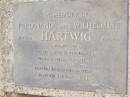 Ferdinand HARTWIG, died 1906;
Wilhelmine HARTWIG, died 1904;
parents of August, Caroline, Ferdinand, Carl,
Wilhelm, Herman, Wilhelmine;
erected Hartwig Reunion 22-2-1987;
Douglas Lutheran cemetery, Crows Nest Shire