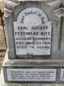 Carl August Ferdinand NITZ,
native of Germany,
died 24 Sept 1919 aged 76 years;
Holdene Henriette NITZ,
native of Germany,
died 7 May 1899 aged 56 years;
Douglas Lutheran cemetery, Crows Nest Shire