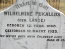 Carl Edward PUKALLUS,
born 1855 died 19 August 1920;
Wilhelmine PUKALLUS (nee LANGE),
born 12 Feb 1860 died 10 March 1923;
Douglas Lutheran cemetery, Crows Nest Shire