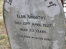 Elsie SMOOTHY,
died 22 April 1927 aged 23 years;
Douglas Lutheran cemetery, Crows Nest Shire