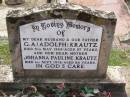 G.A. (Adolph) KRAUTZ, husband father,
died 5 May 1969 aged 87 years;
Johanna Pauline KRAUTZ, mother,
died 1 Sept 1978 aged 86 years;
Douglas Lutheran cemetery, Crows Nest Shire