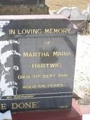 David Daniel HARTWIG,
died 2 March 1961 aged 82 years;
Martha Maria HARTWIG,
died 3 Sept 1961 aged 66 years;
Douglas Lutheran cemetery, Crows Nest Shire