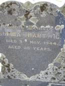 Sophia HARTWIG,
died 9 Nov 1944 aged 65 years;
Johannes C.F. HARTWIG,
died 3 ??? ??? aged 6? years;
Douglas Lutheran cemetery, Crows Nest Shire