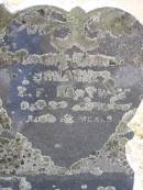 Sophia HARTWIG,
died 9 Nov 1944 aged 65 years;
Johannes C.F. HARTWIG,
died 3 ??? ??? aged 6? years;
Douglas Lutheran cemetery, Crows Nest Shire