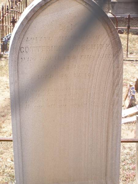 Gottfried UTSCHINK,  | died 22 May 1898 aged 56 years;  | Douglas Lutheran cemetery, Crows Nest Shire  | 
