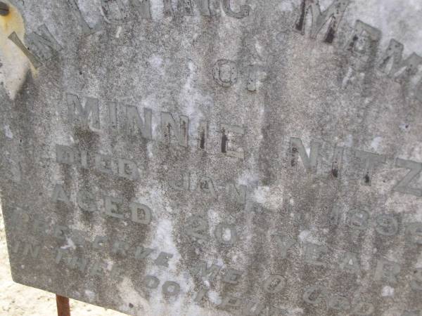 Minnie NITZ,  | died 1 Jan 1896 aged 20 years;  | Douglas Lutheran cemetery, Crows Nest Shire  | 