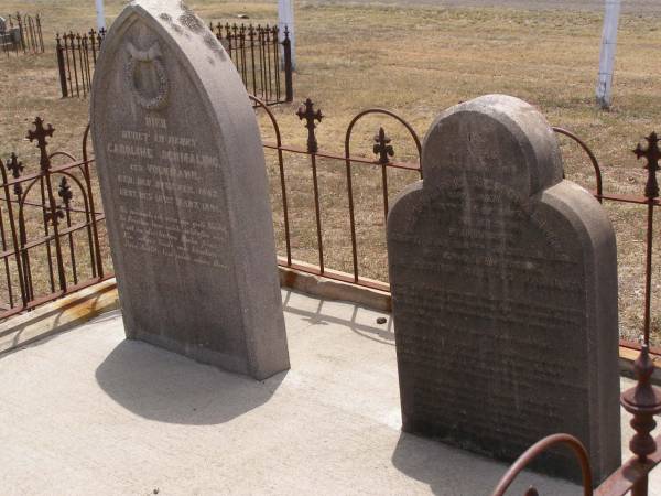 Caroline SCHMALING (nee VOLKMANN),  | born 27 Feb 1862  | died 18 March 1998;  | Caroline SCHMALING,  | born 29 May 1817 Zantoch Prussia,  | died 28 Jan 1893? Goombungee aged 77 years;  | Douglas Lutheran cemetery, Crows Nest Shire  | 