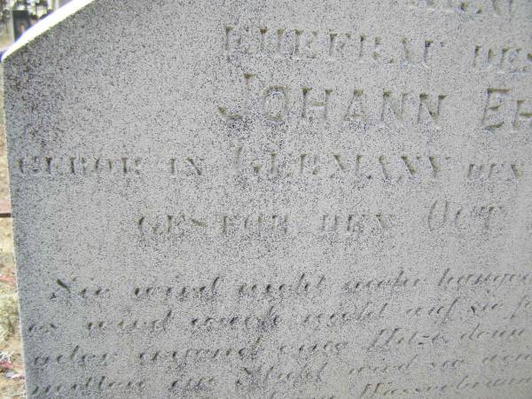 Pauline EHRLICH (nee KRAUSE),  | wife of Johann ERLICH,  | born 13 May 1873 Germany,  | died 18 Oct 1903;  | Douglas Lutheran cemetery, Crows Nest Shire  | 