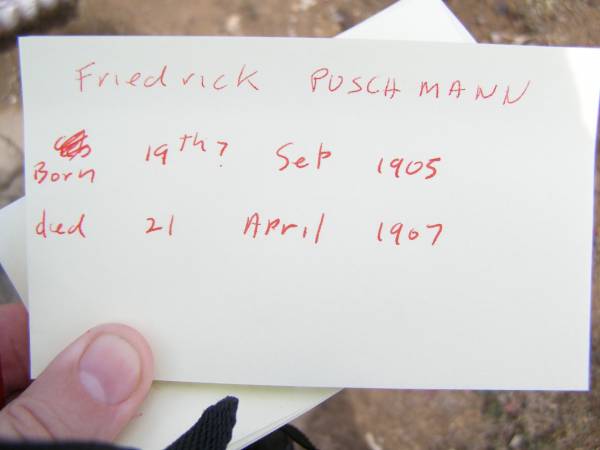 Friedrick PUSCHMANN,  | born 19? Sept 1905 died 21 April 1907;  | Douglas Lutheran cemetery, Crows Nest Shire  | 