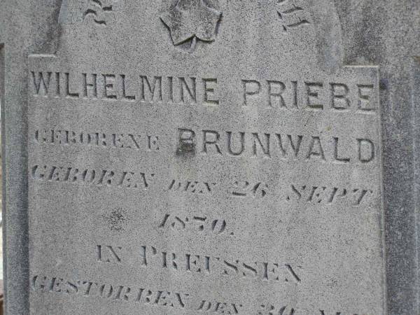Wilhelmine PRIEBE (nee BRUNWALD),  | born 26 Sept 1870 Prussia,  | died 30 May 1907 Bergen,  | wife of Carl PRIEBE;  | Douglas Lutheran cemetery, Crows Nest Shire  | 
