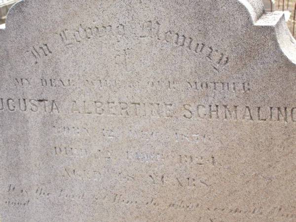 Augusta Albertine SCHMALING,  | born 12 Dec 1876  | died 12 Feb 1924 aged 48 years;  | Douglas Lutheran cemetery, Crows Nest Shire  |   | 