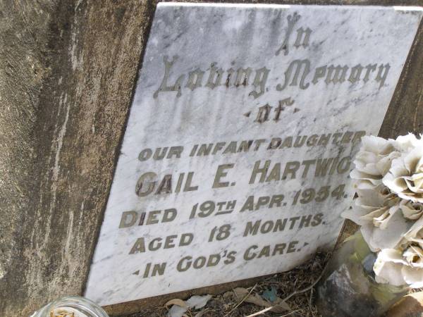 Gail E. HARTWIG, infant daughter,  | died 19 April 1954 aged 18 months;  | Douglas Lutheran cemetery, Crows Nest Shire  | 