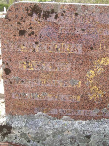 Lucia Cecilia HARTWIG,  | died 27 Apr 1966 aged 85 years;  | Samuel HARTWIG,  | died 6 Nov 1963 aged 82 years;  | Douglas Lutheran cemetery, Crows Nest Shire  | 