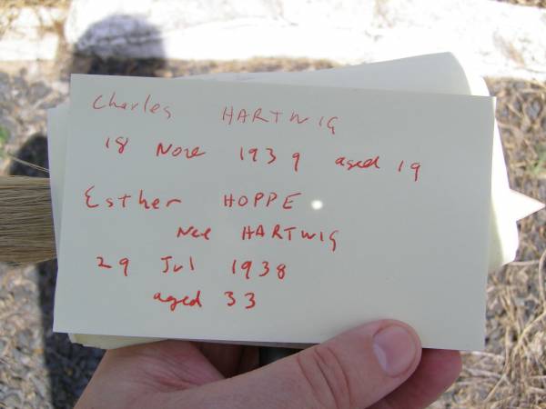 Charles HARTWIG,  | died 19 Nov 1939 aged 19 years;  | Ester HOPPE (nee HARTWIG),  | died 29 July 1938 aged 33 years;  | Douglas Lutheran cemetery, Crows Nest Shire  | 
