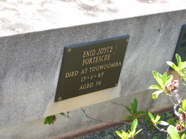 Enid Joyce Fortescue  | died at Toowoomba  | 17 Jan 1987  | aged 76  |   | Drayton and Toowoomba Cemetery  | 