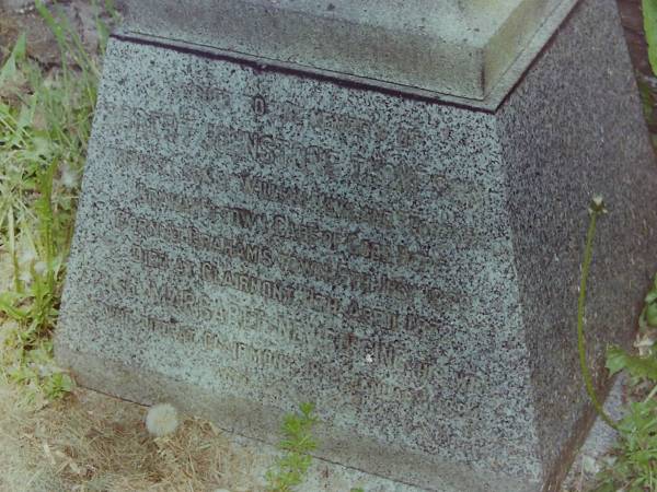 Robert Johnstone THOMSON  | son of William  | Graham's town care of God Lockerbie.. and  | born at Graham's town 9 Jan 1829  | d: Clairmont 11 Apr 1872  |   | Margaret NEWBLCING his  | d at Clairmont 18 Jan 1894  | W  |   |   | Cemetery of Dryfesdale Parish Church, Lockerbie, Dumfriesshire, Scotland  |   | 