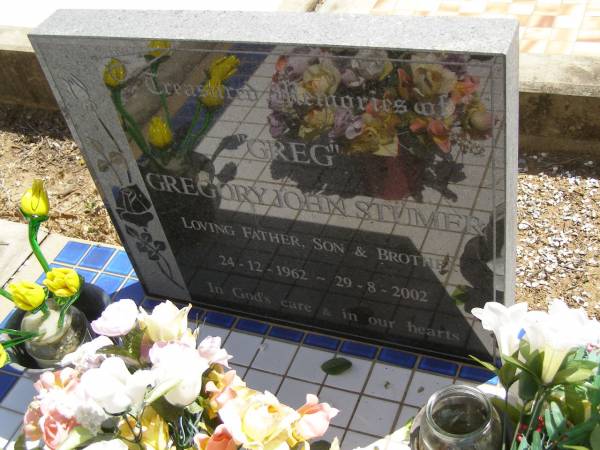 Gregory John STUMER,  | father son brother,  | 24-12-1962 - 29-8-2002;  | Dugandan Trinity Lutheran cemetery, Boonah Shire  | 