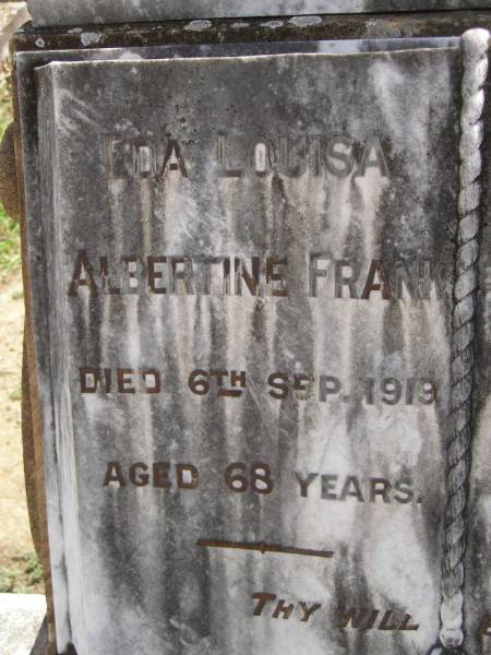 Ida Louisa Albertine FRANK,  | died 6 Sep 1919 aged 68 years;  | Jacob FRANK,  | died 30 Jan 1925 aged 75 years;  | Dugandan Trinity Lutheran cemetery, Boonah Shire  | 