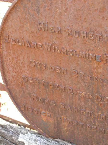 Juliane Wilhelmine PPRIMUS (nee JAHN),  | born 27 July 1830,  | died 21 Dec 1917;  | Dugandan Trinity Lutheran cemetery, Boonah Shire  | 